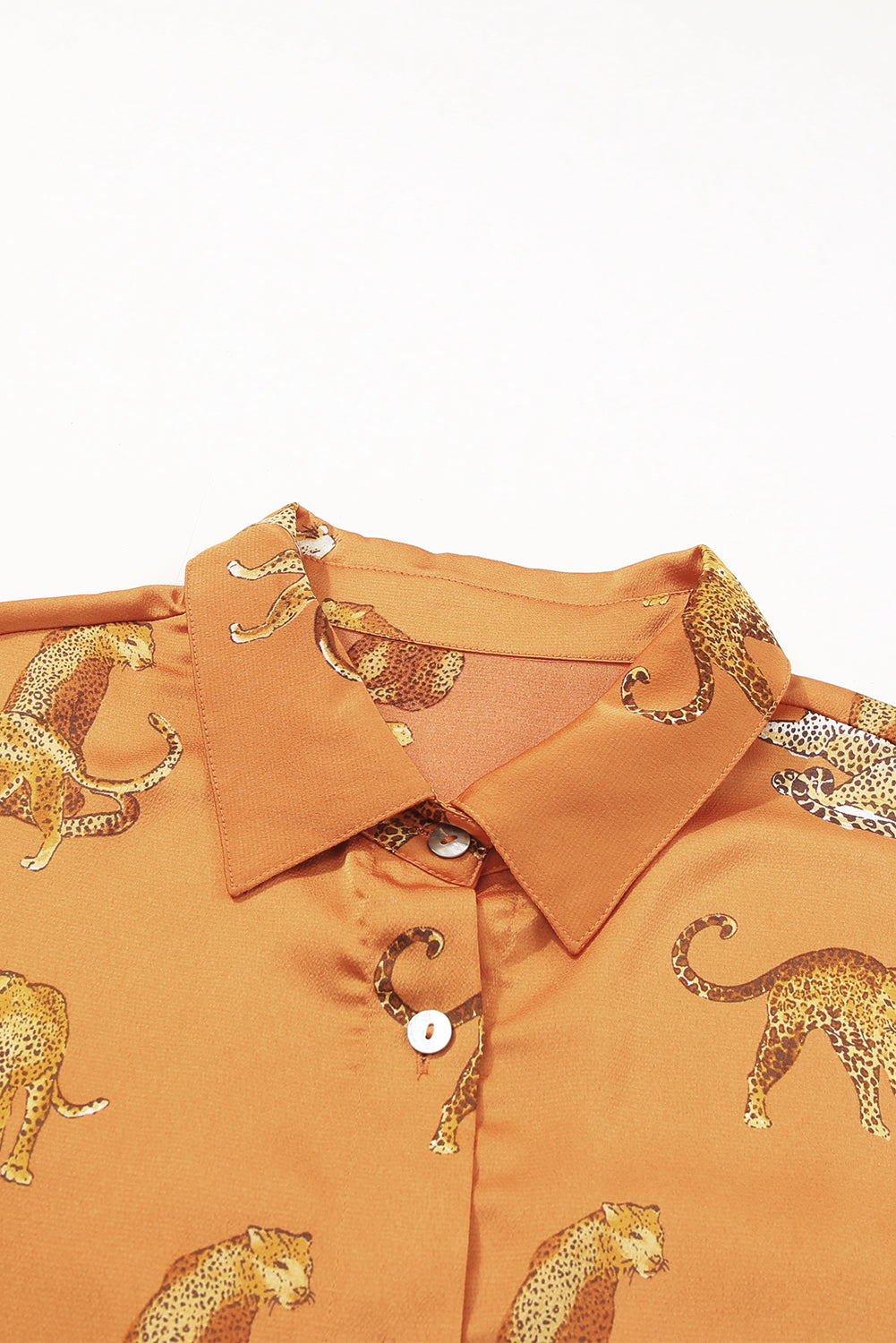 Russet Orange Cheetah Animal Print Button Up Satin Shirt