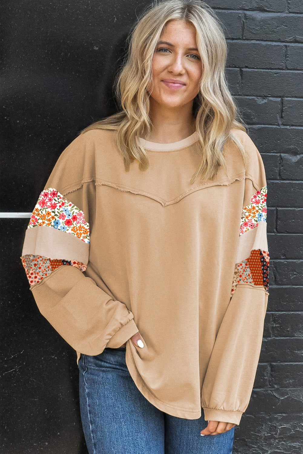 Khaki Exposed Seam Floral Mixed Patchwork Plus Size Top