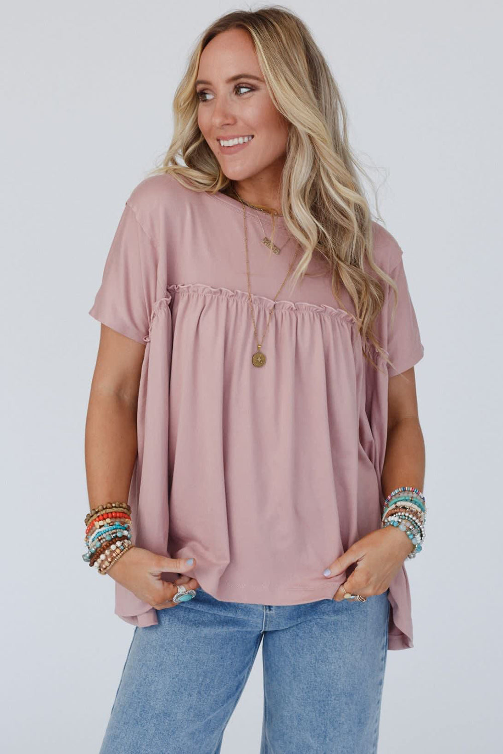 White Ruffled Trim Loose Babydoll Tee