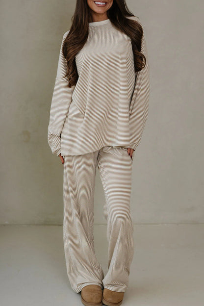 Pink Striped Drop Shoulder Long Sleeve Pant Set