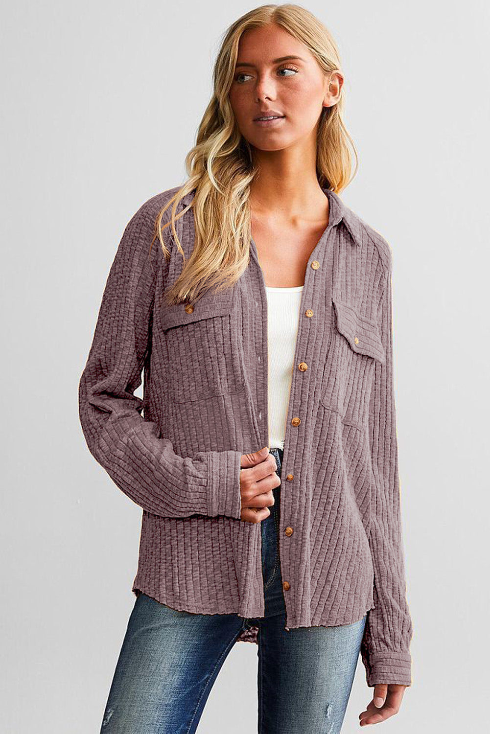 Purple Button Flap Pocket Ribbed Knit Shacket