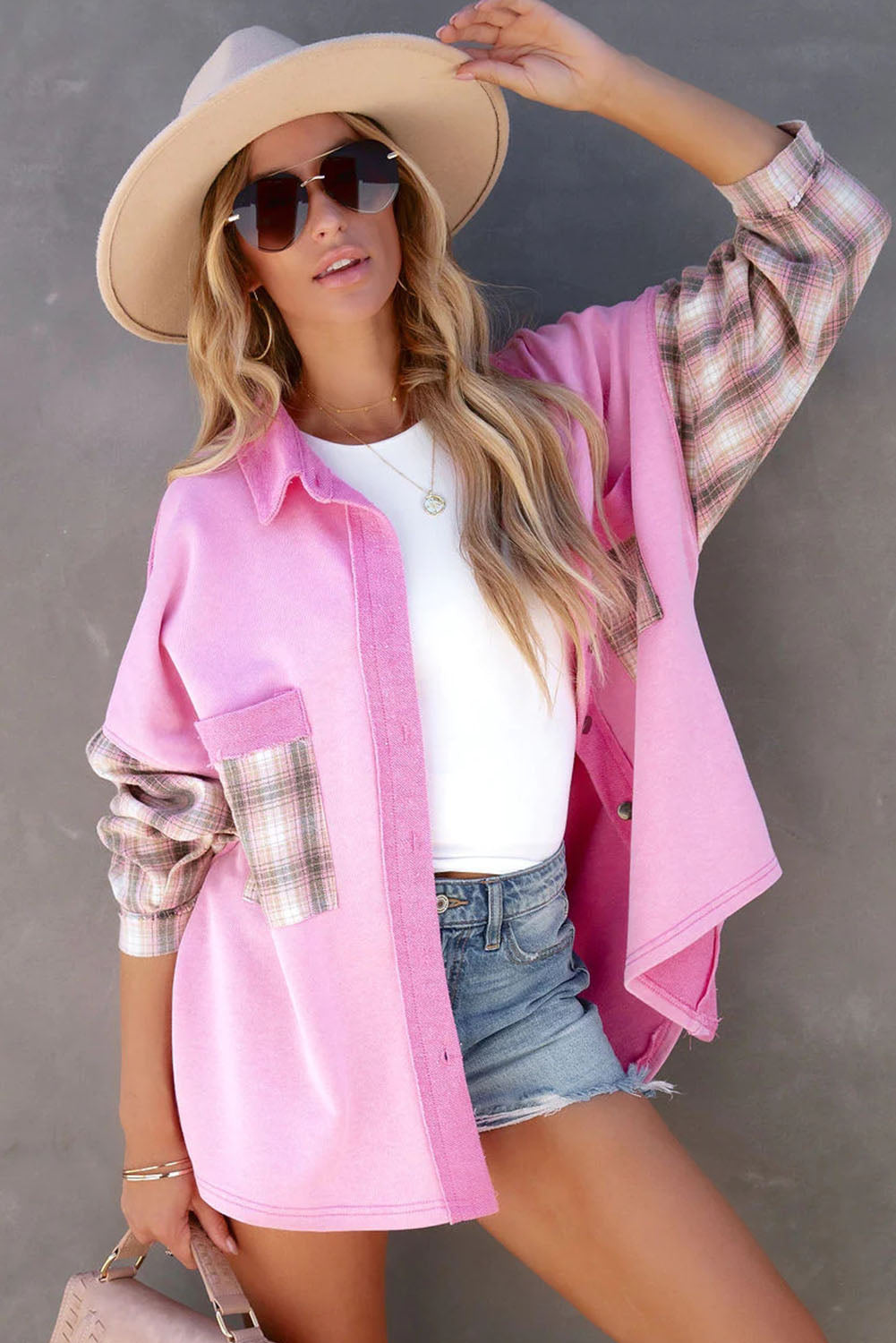 Rose Plaid Patchwork Chest Pockets Oversized Shirt Jacket