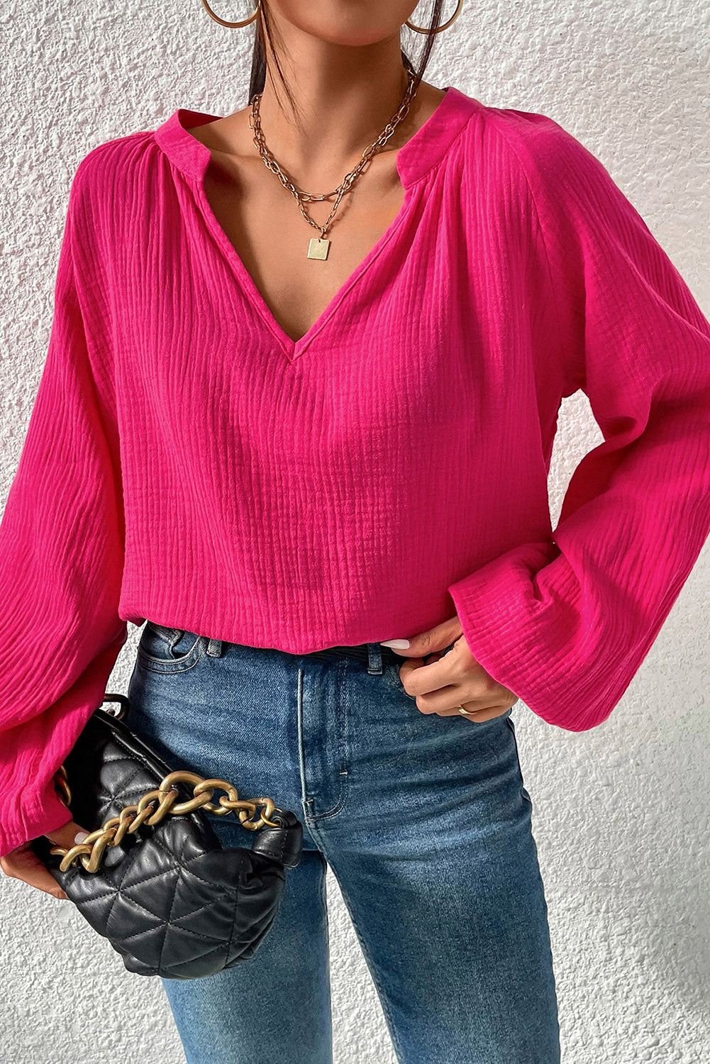 Crinkle Split Neck Puff Sleeve Blouse