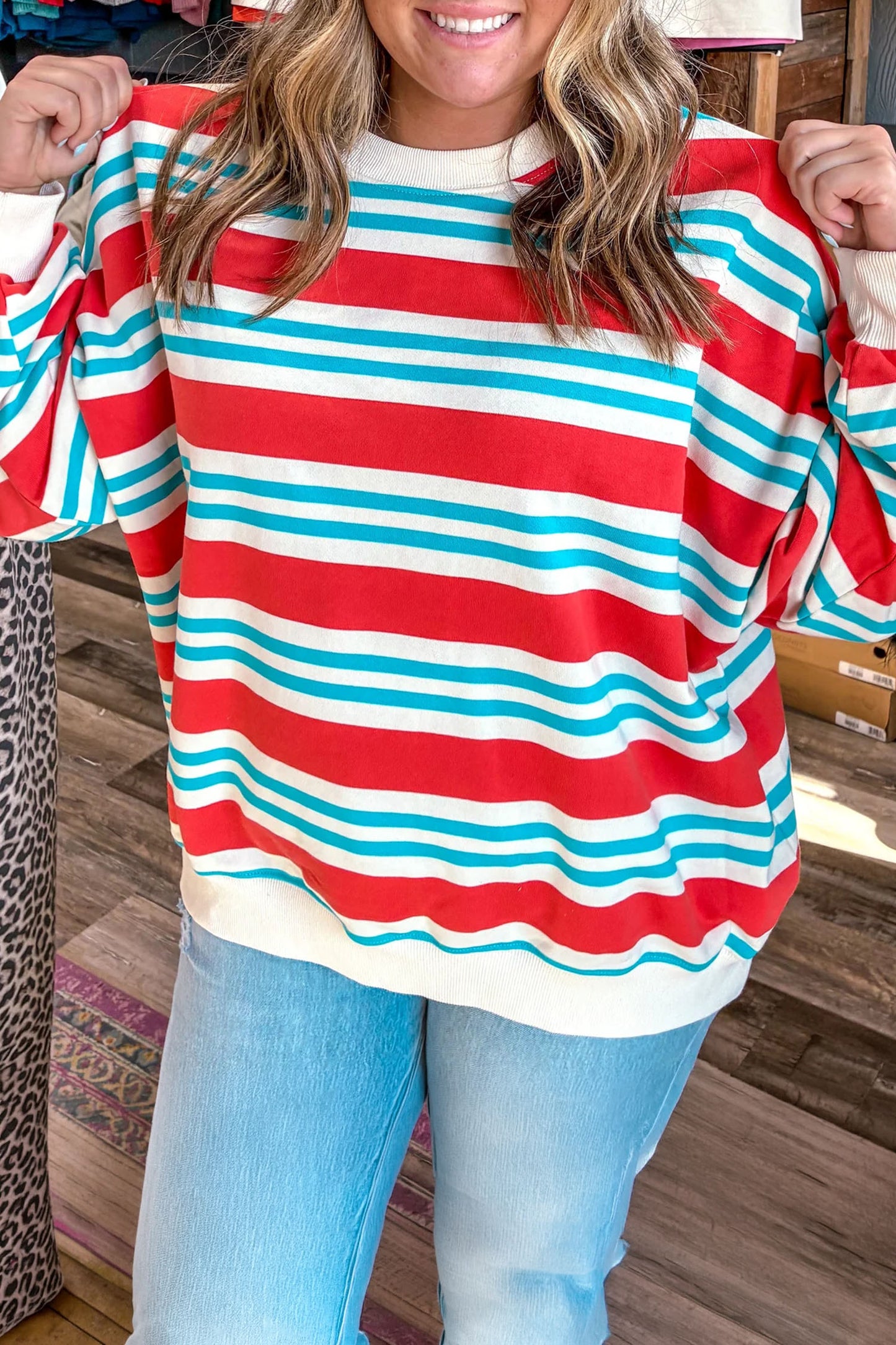 Red Stripe Striped Colorblock Long Sleeve Round Neck Tunic Plus Size Sweatshirt