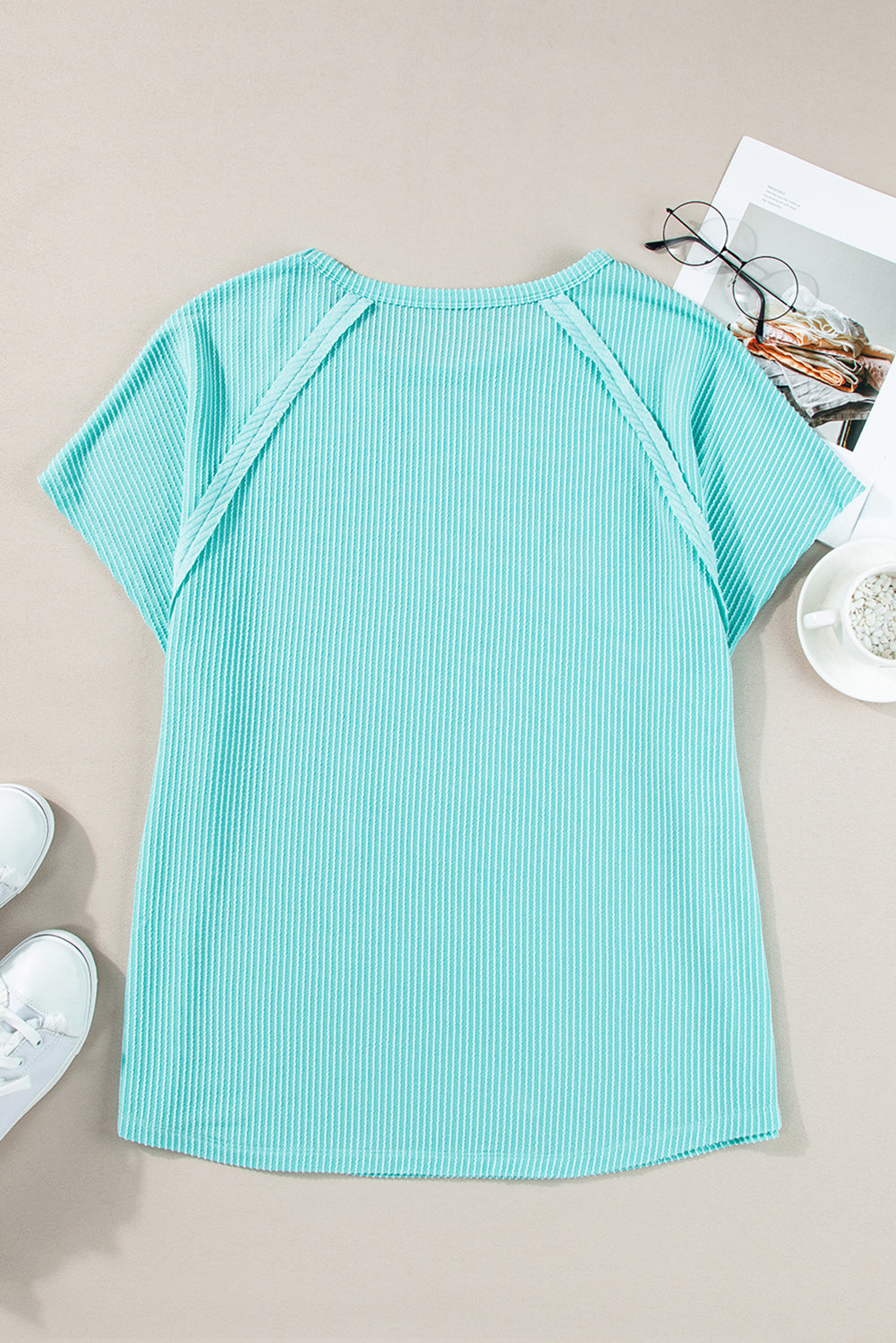 Light Blue Ribbed Exposed Seam Casual Plus Size T Shirt