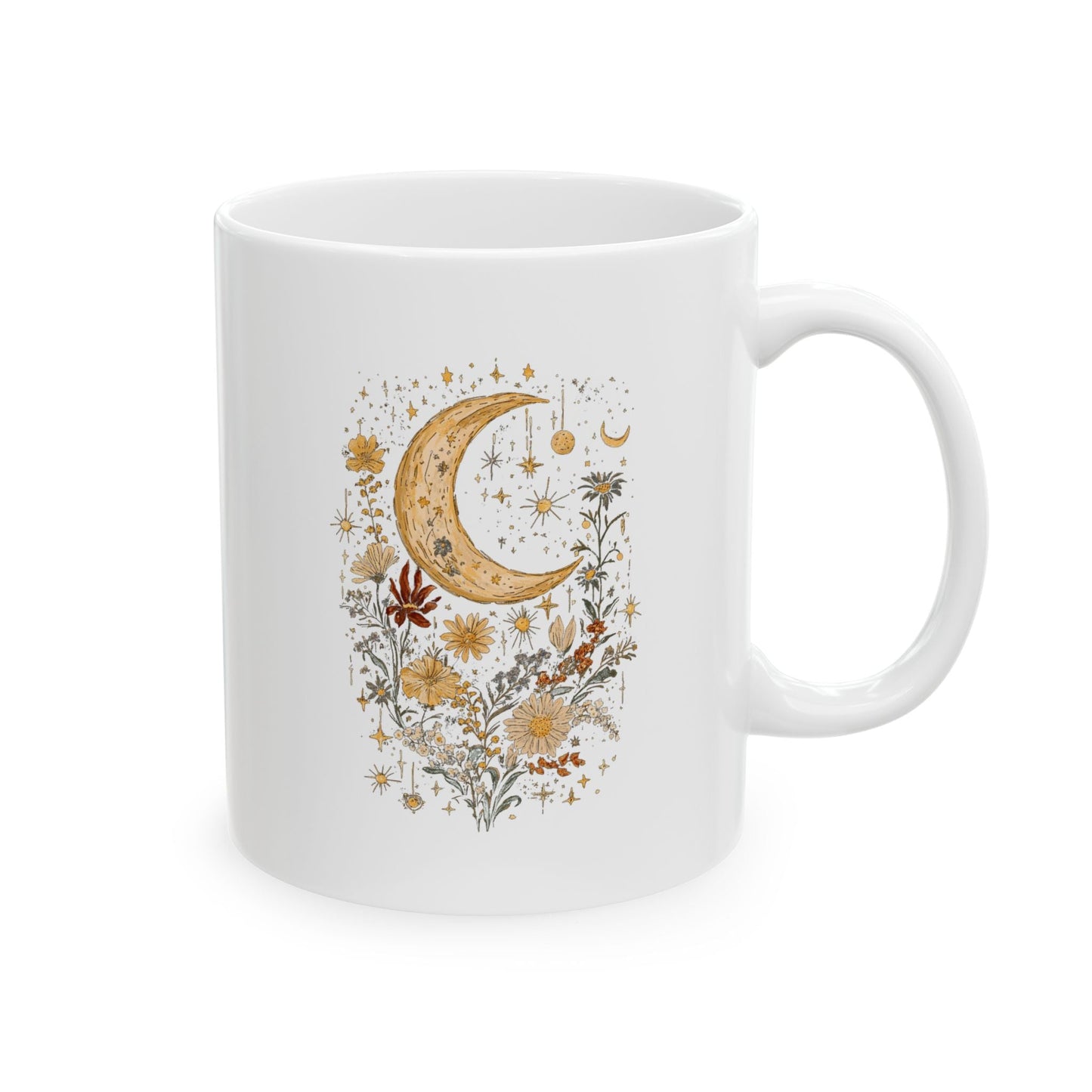 Crescent Moon and Flowers Ceramic Mug, (11oz, 15oz)