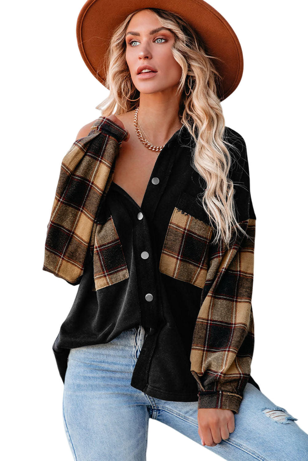 Rose Plaid Patchwork Chest Pockets Oversized Shirt Jacket