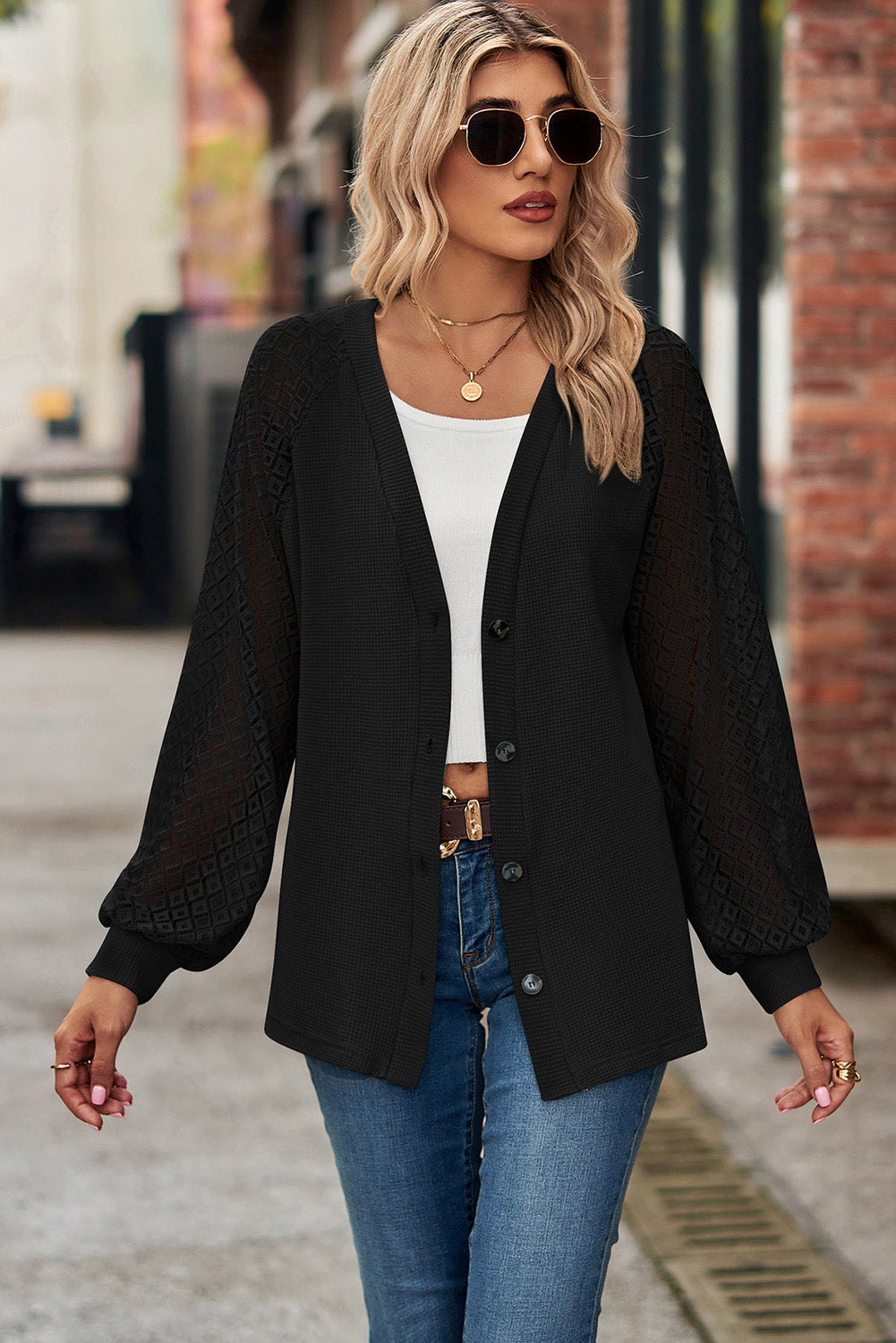 Waffled Knit Lace Long Sleeve Buttoned Cardigan