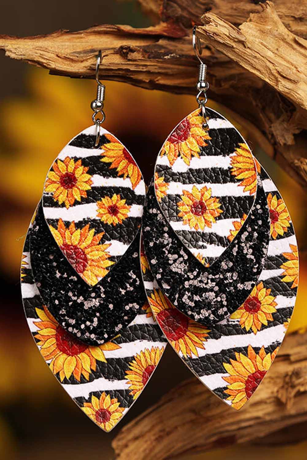 Sunflower Black Sequined Leaf Multi-Layered Leather Earrings