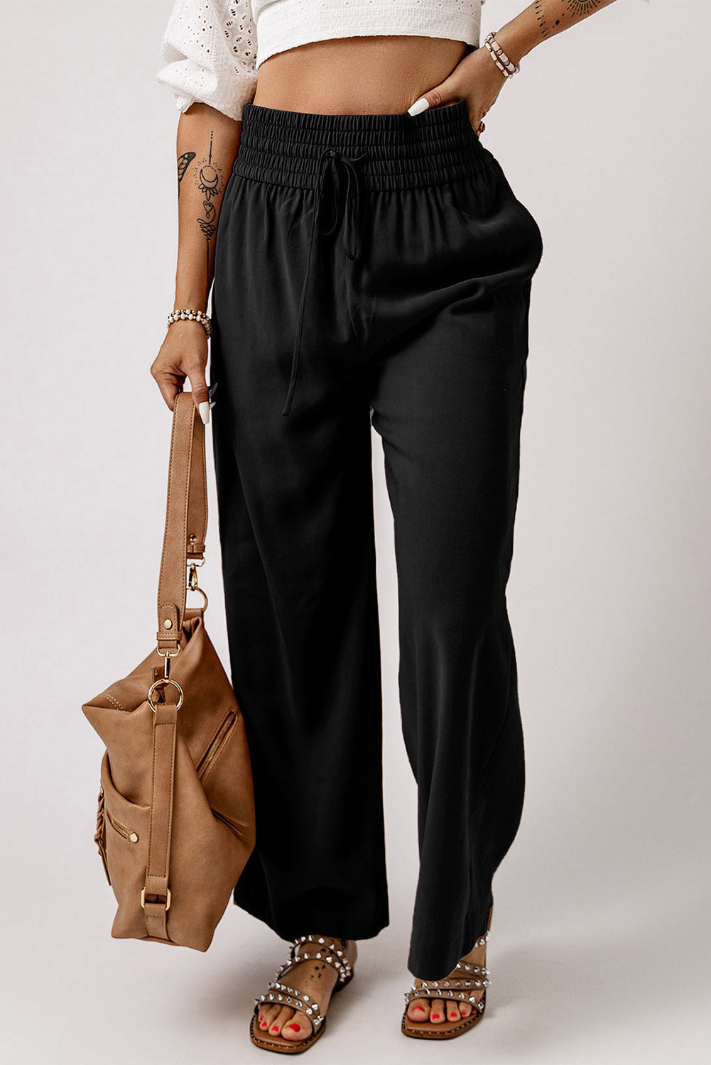 Black Drawstring Elastic Waist Casual Wide Leg Pants