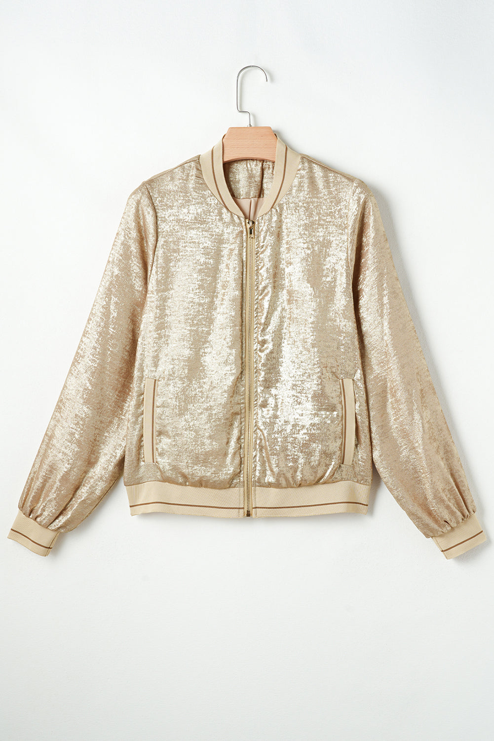 Pale Khaki Metallic Zip up Baseball Jacket