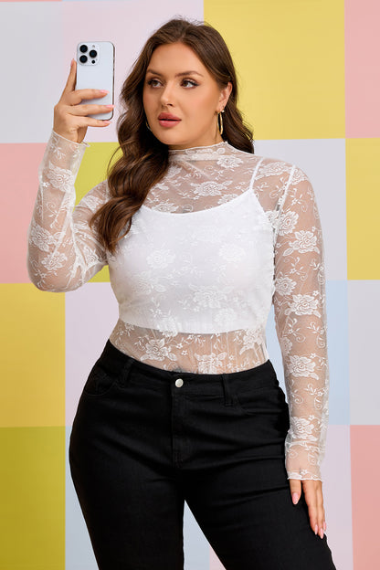 White Plus Size Floral Mesh Long Sleeve Top