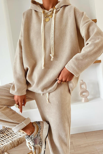 Dark Khaki Drawstring Pullover Hoodie and High Waist Pants Corduroy Suit