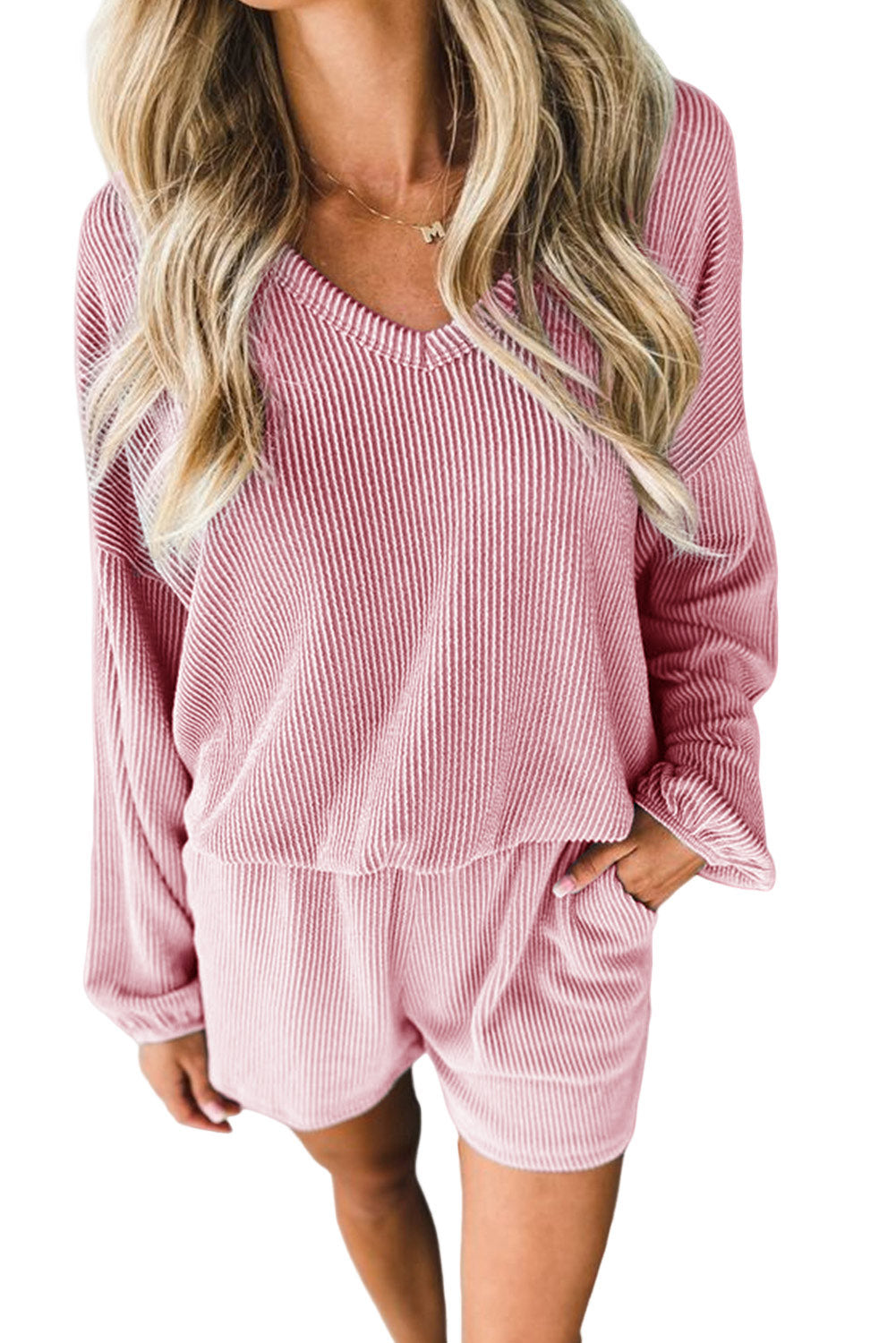 Pink Corded V Neck Slouchy Top Pocketed Shorts Set