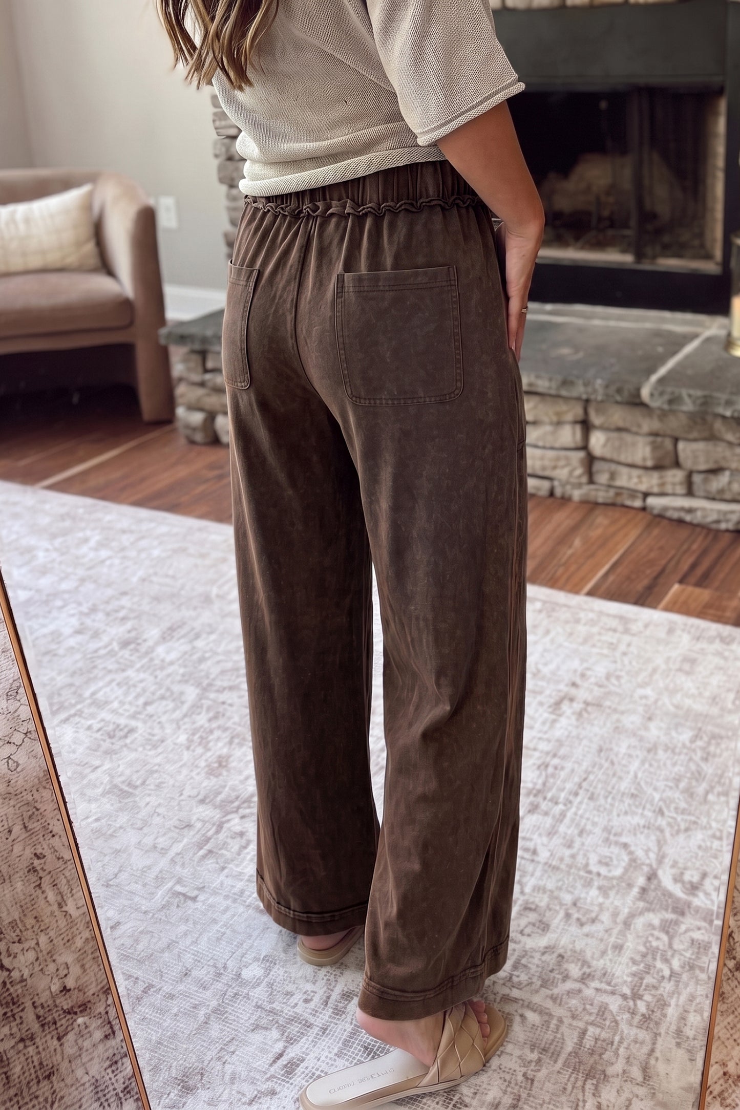 Ashleigh Blue Mineral Wash Seam Detail Flare Leg Drawstring Pants