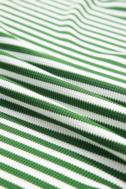 Green Stripe Exposed Seam Patchwork Plus Size Thermal Waffle Top