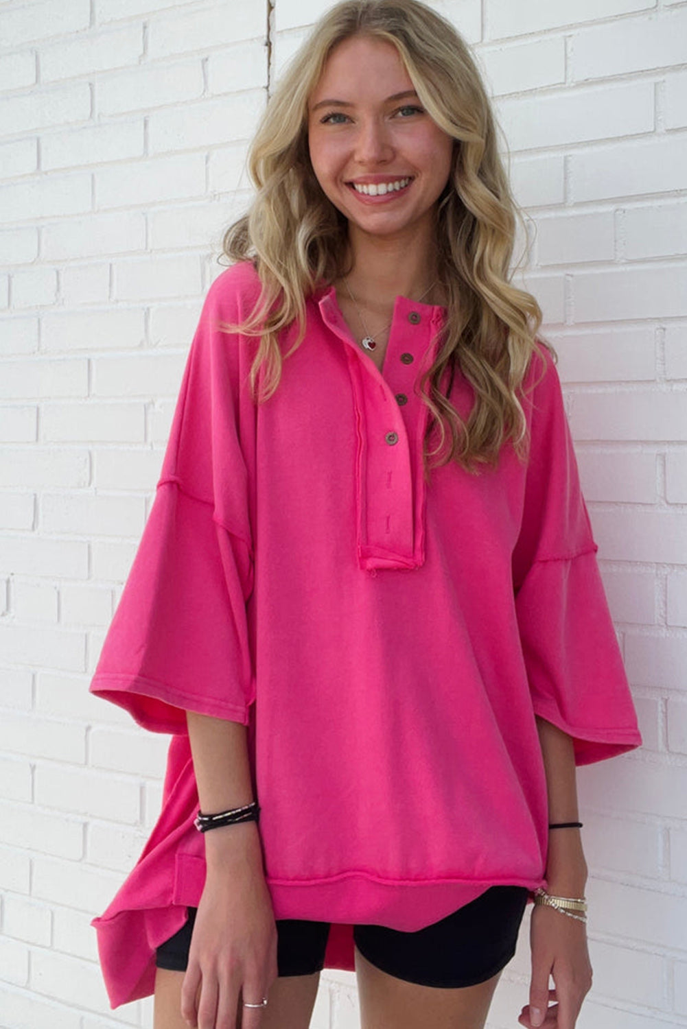 Rose Red Exposed Seam Button Neck Wide Sleeve Tunic Top