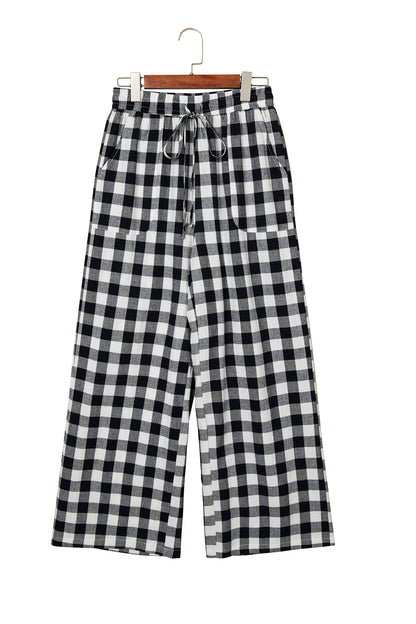 Brown Gingham Plaid Tie Elastic Waist Shift Pants