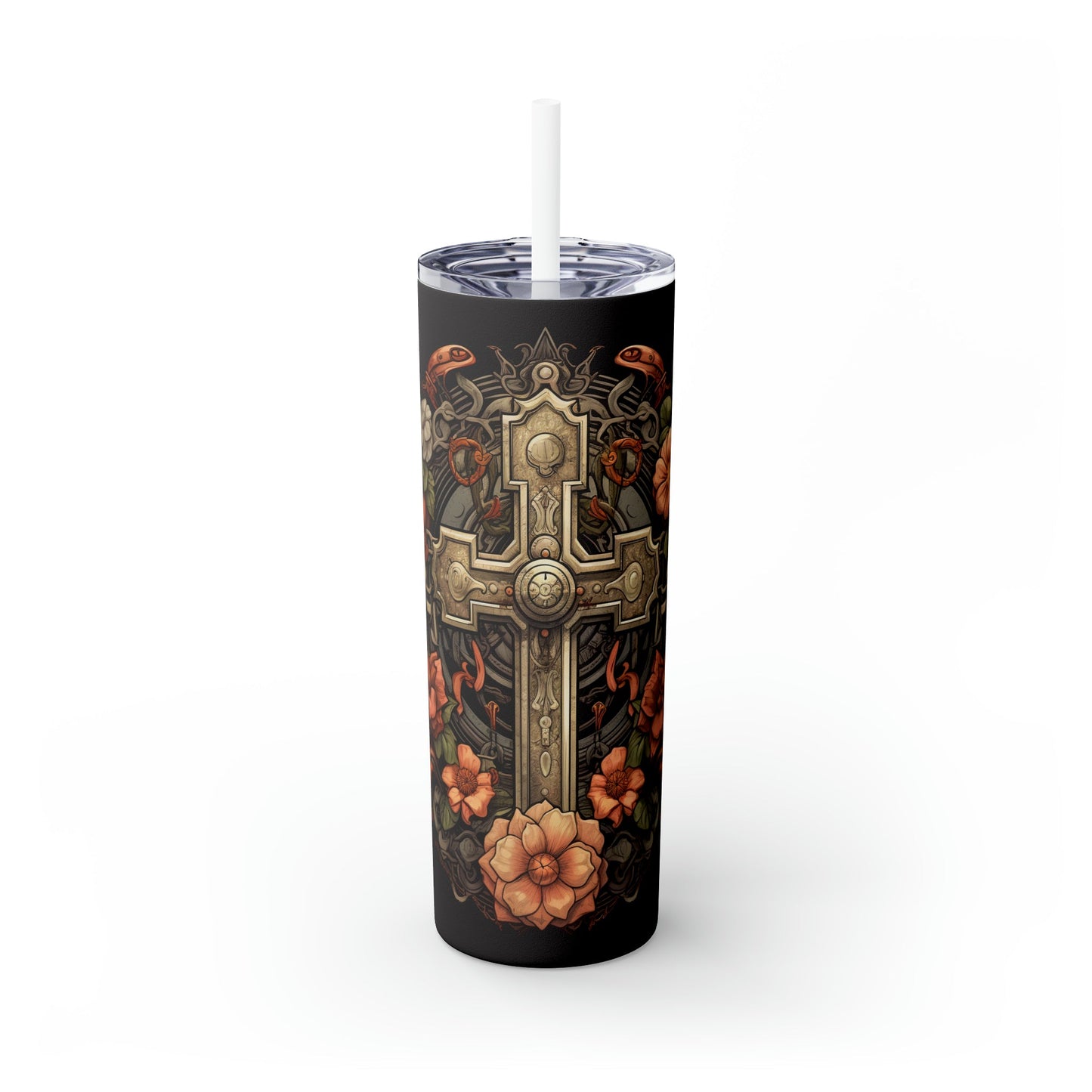 Floral Cross Skinny Tumbler with Straw, 20oz