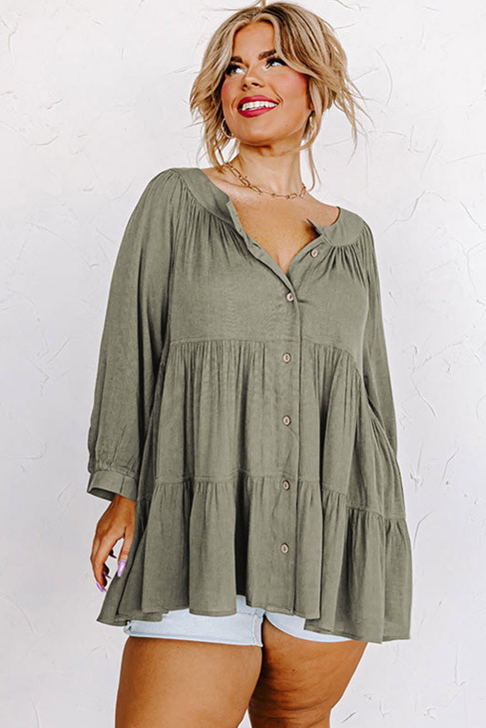 Plus Size Ruffle Tiered Split Neck Shirt