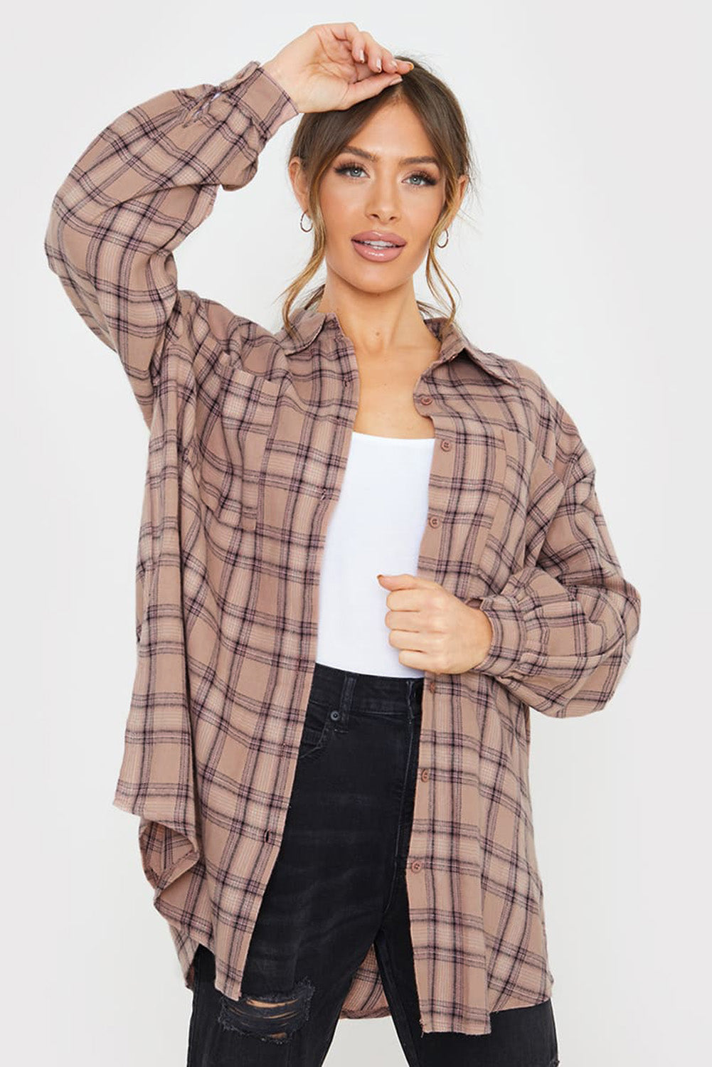 Plus Size Plaid Print Buttoned Oversized Tunic Shirt