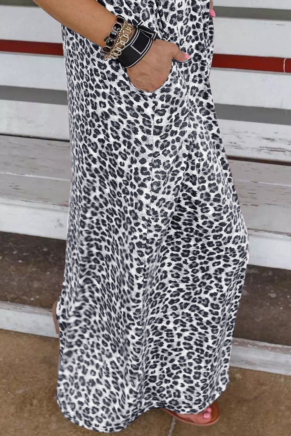 Leopard Print Casual Cap Sleeve Pocket Dress