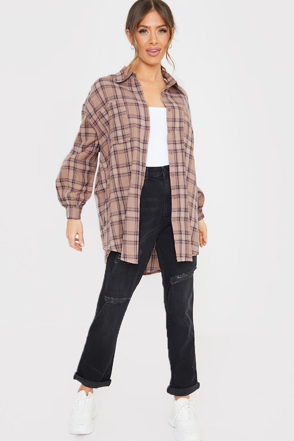 Plus Size Plaid Print Buttoned Oversized Tunic Shirt