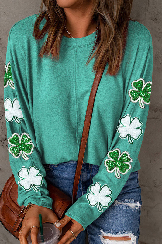 Green Sequined St Patrick Clover Patched Long Sleeve Top