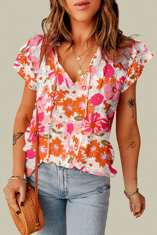 White Floral Frilled Neckline Puff Sleeve Blouse