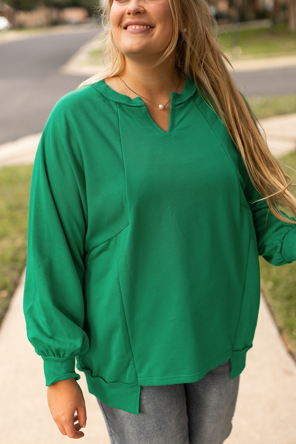 Bright Green Exposed Seam Notched Neck Drop Shoulder Plus Sweatshirt