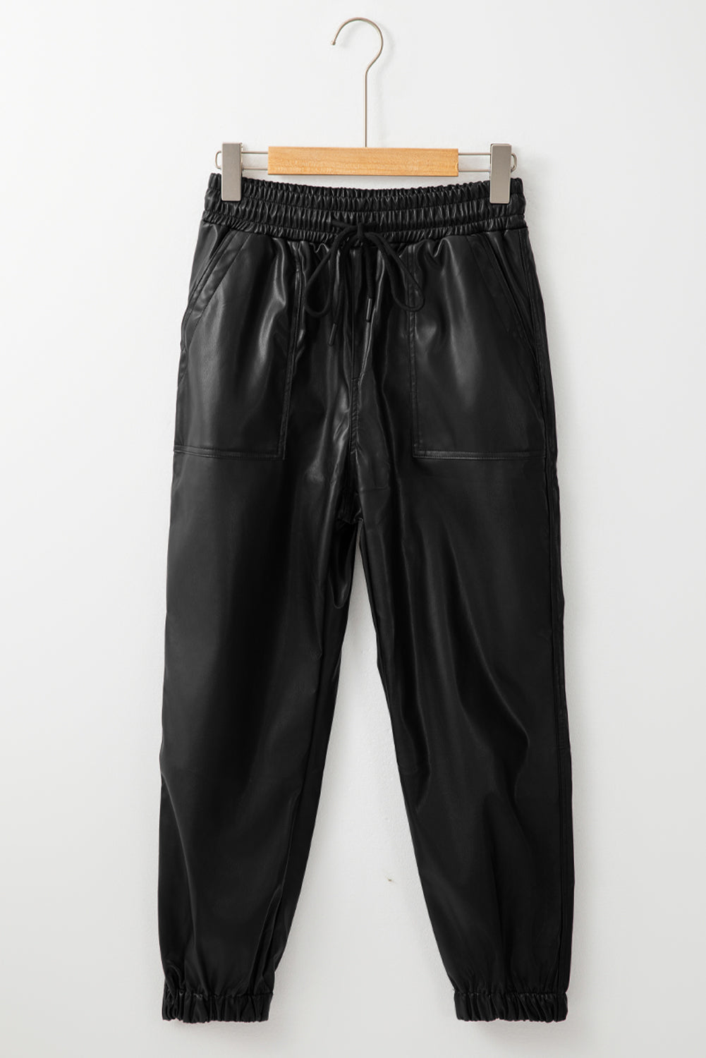 Black Faux Leather Ankle Smocked Waist Drawstring Joggers