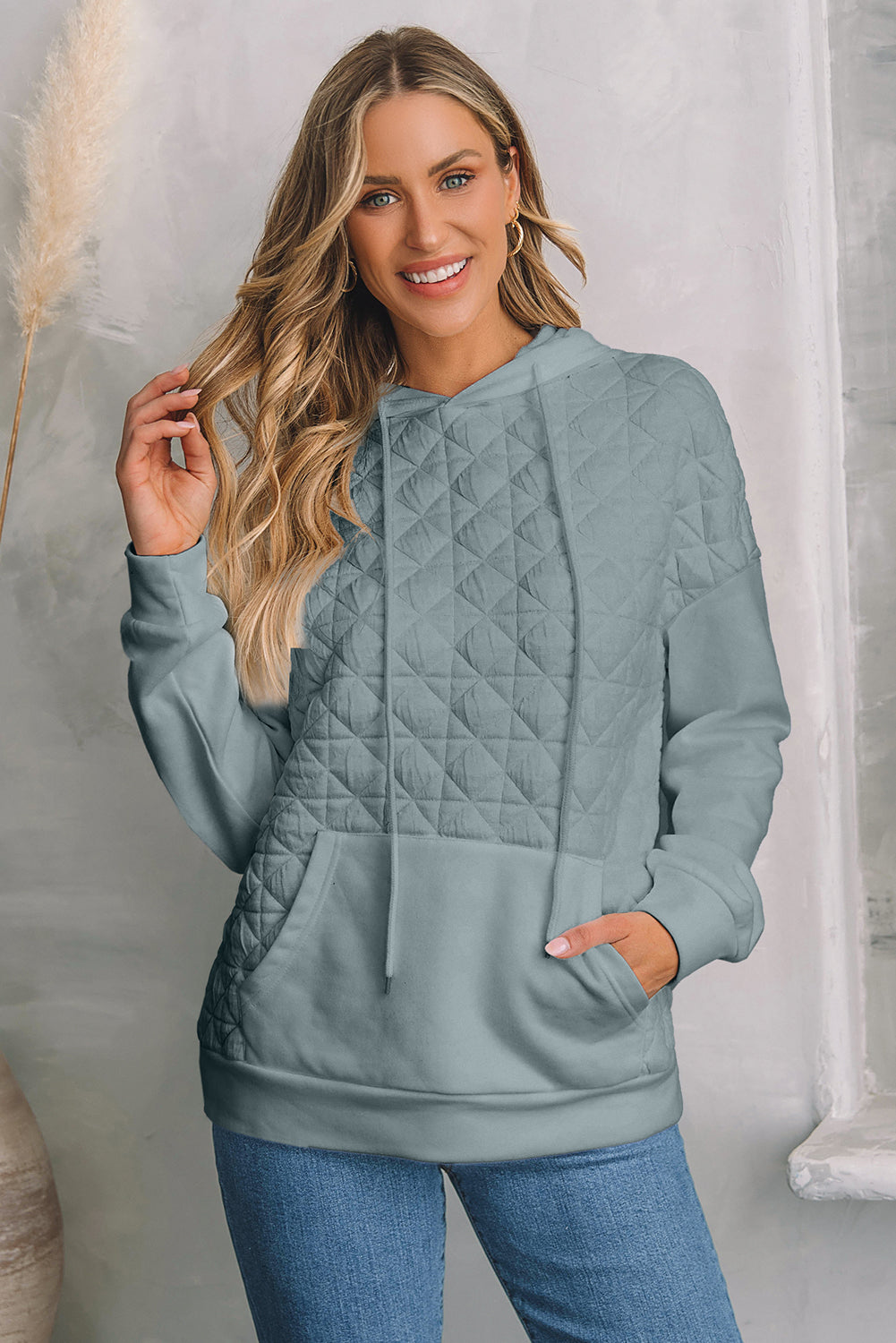 Blackish Green Plus Size Quarter Buttoned Pocketed Quilted Sweatshirt