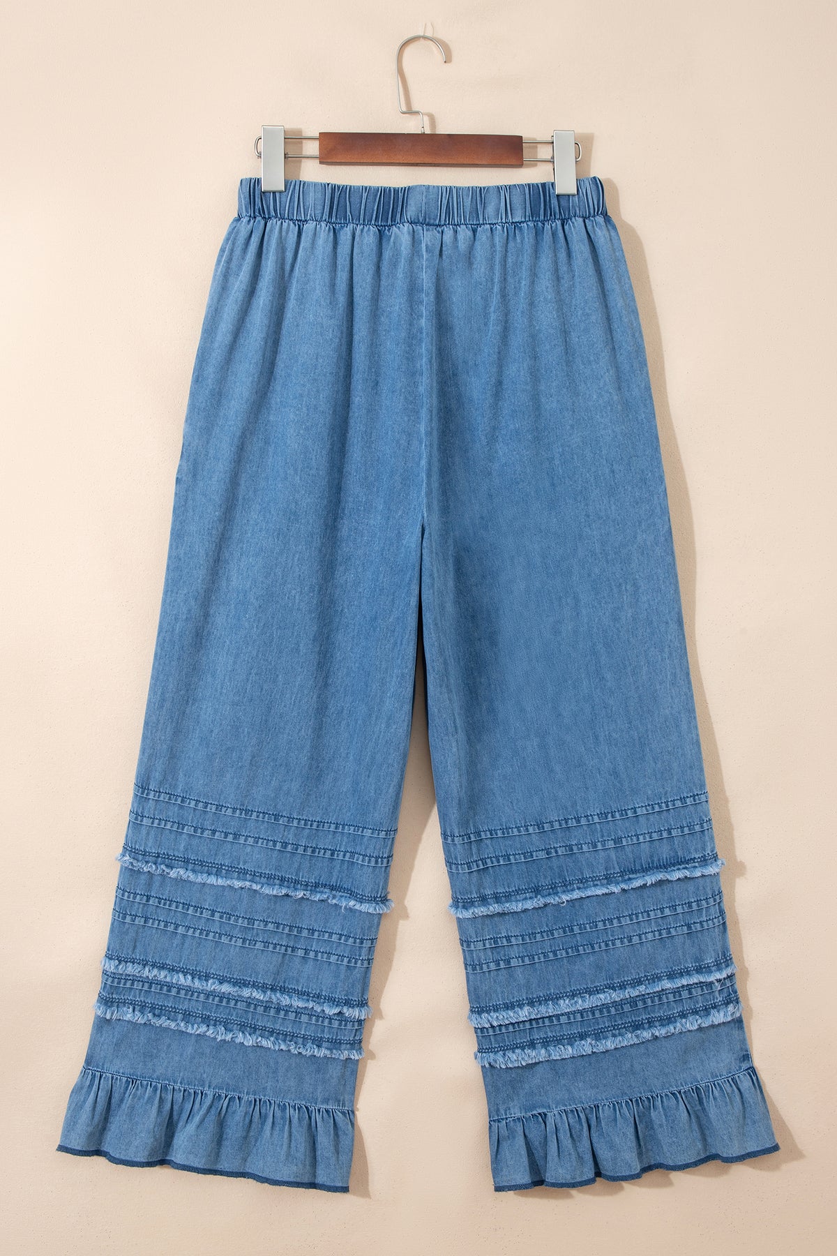 Beau Blue Ruffled Hem Wide Leg Chambray Pants