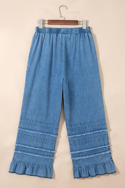 Beau Blue Ruffled Hem Wide Leg Chambray Pants