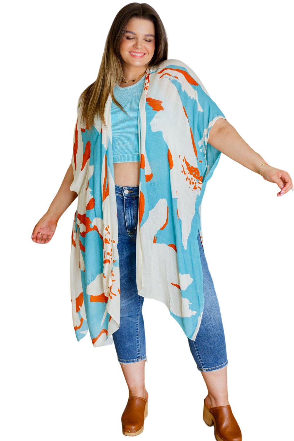 Plus Size Abstract Print Sweeping Kimono