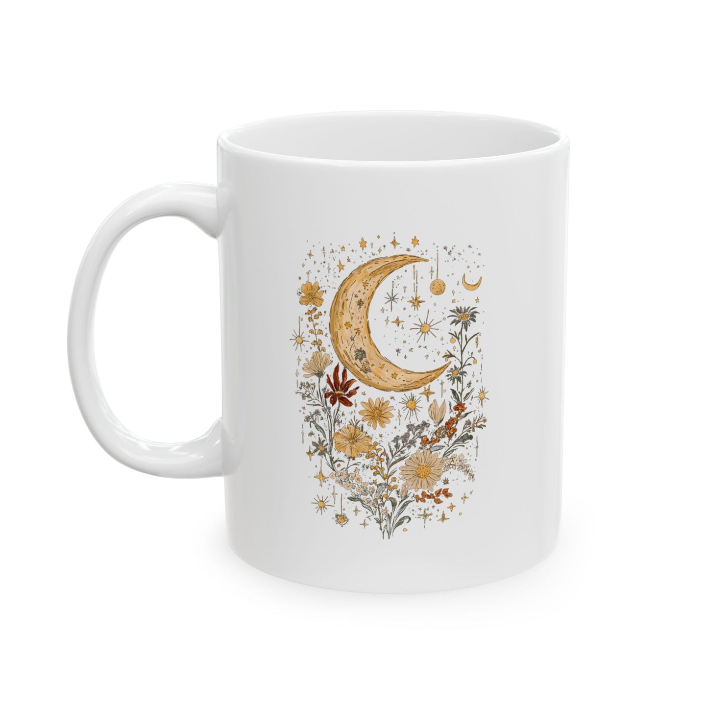 Crescent Moon and Flowers Ceramic Mug, (11oz, 15oz)