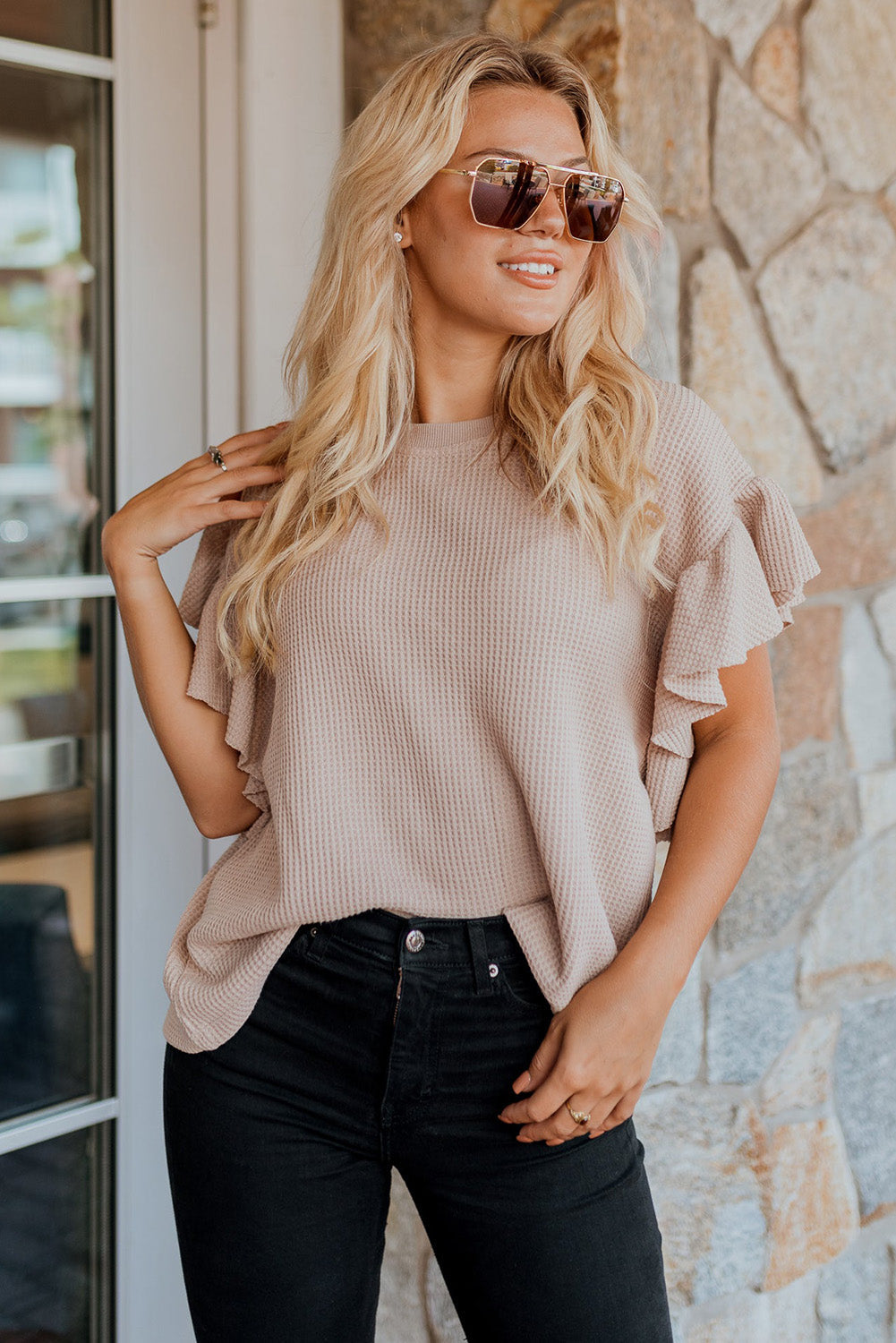 Ruffle Sleeve Waffle Knit Top