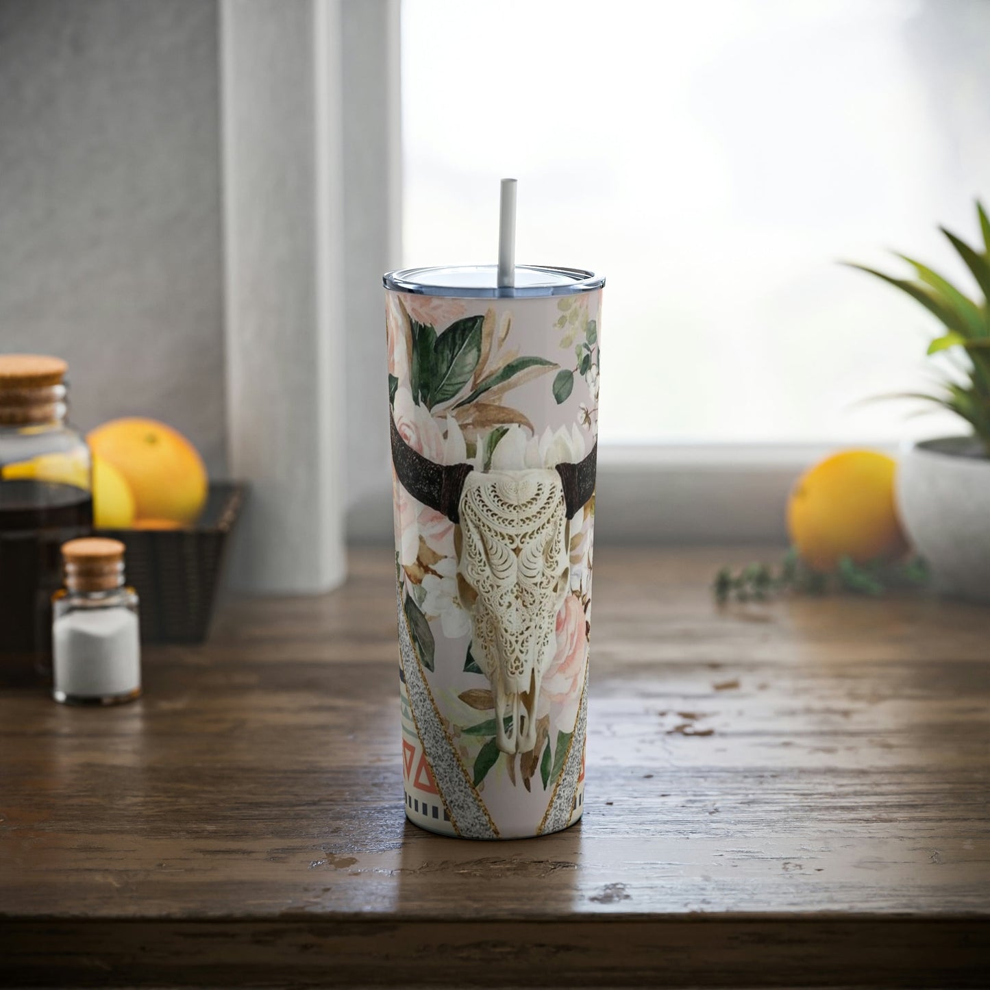 Floral Bill Skull - Skinny  Tumbler