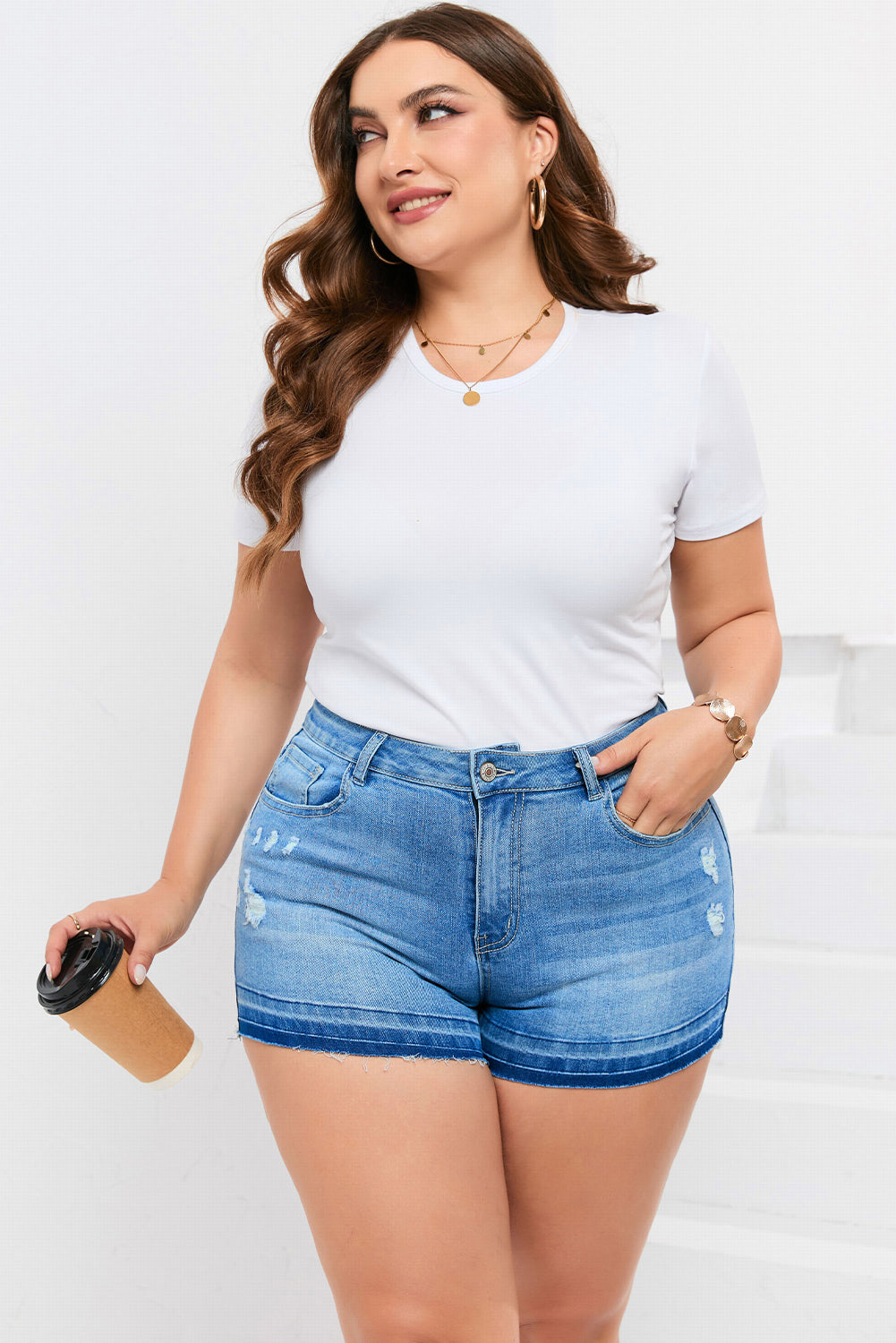 Raw Edge Splicing Distressed Plus Size Denim Shorts