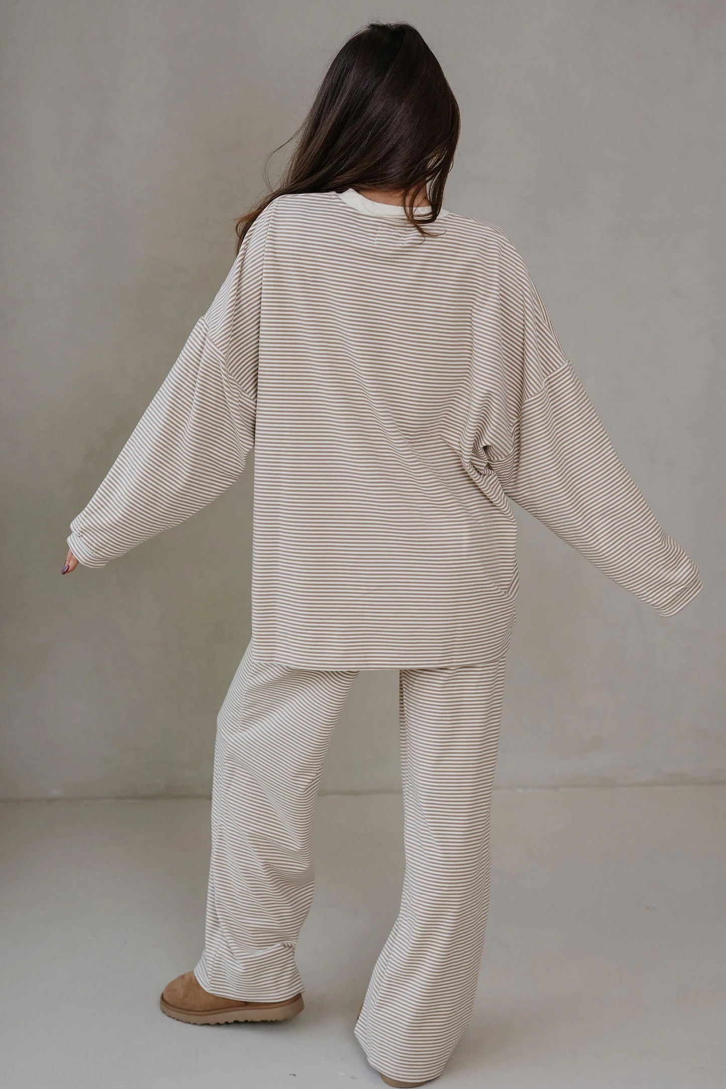 Pink Striped Drop Shoulder Long Sleeve Pant Set