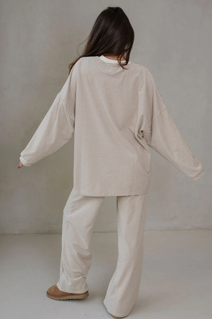 Pink Striped Drop Shoulder Long Sleeve Pant Set