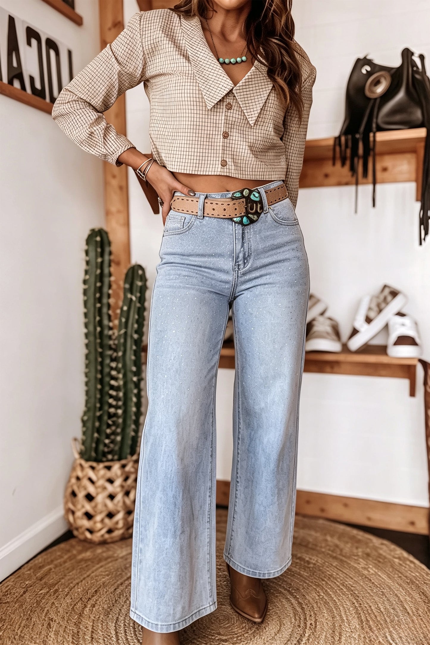 Beau Blue Sparkle Detail Western Casual Shift Jeans