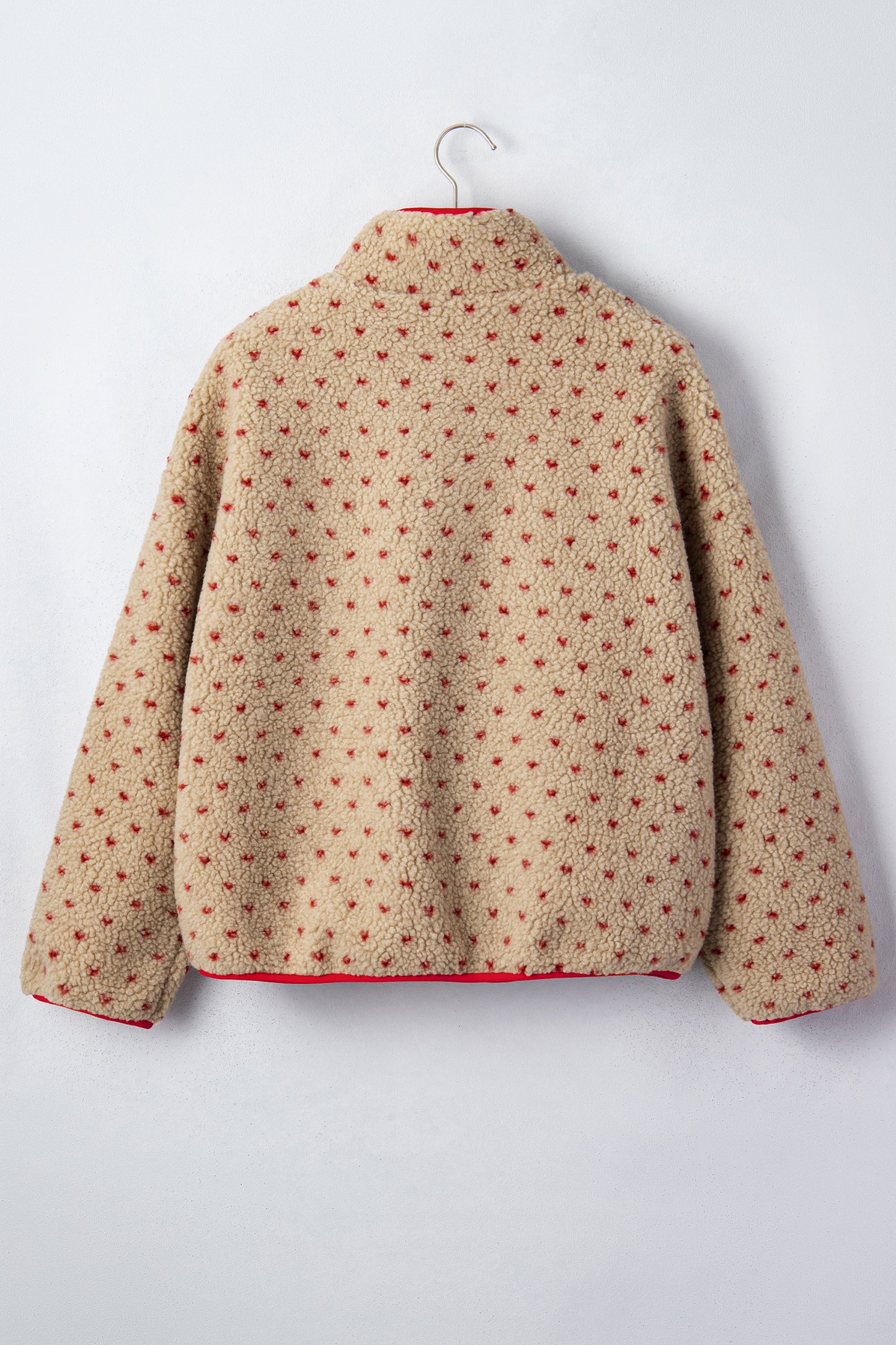 Khaki Heart Pattern Fleece Colorblock Collar Long Sleeve Sweatshirt