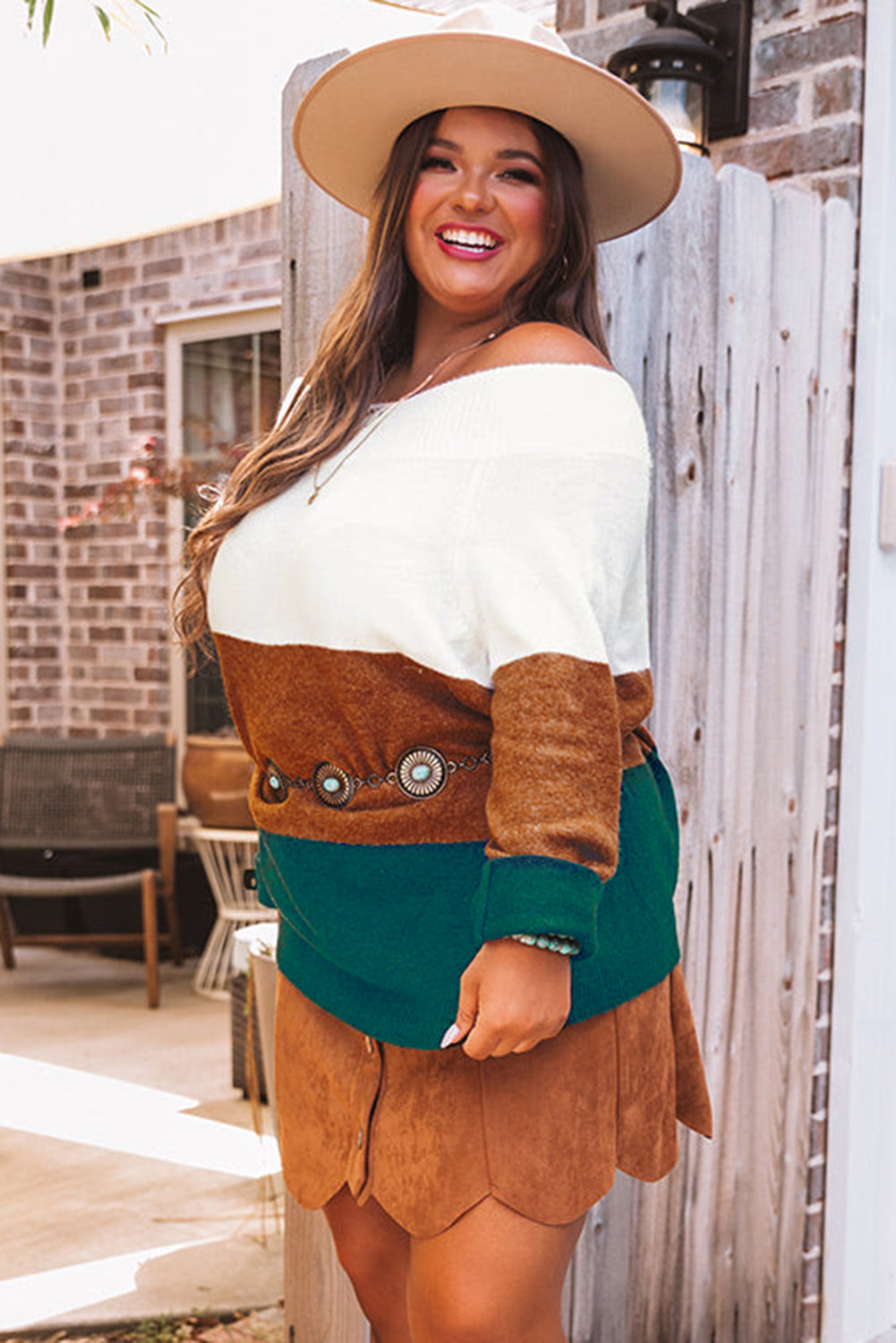 Plus Size Ribbed Trim Color Block Sweater