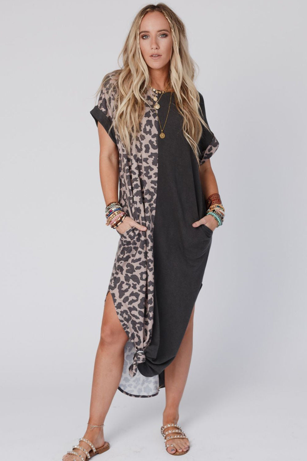 Black Half Leopard Patchwork Plus Size T-shirt