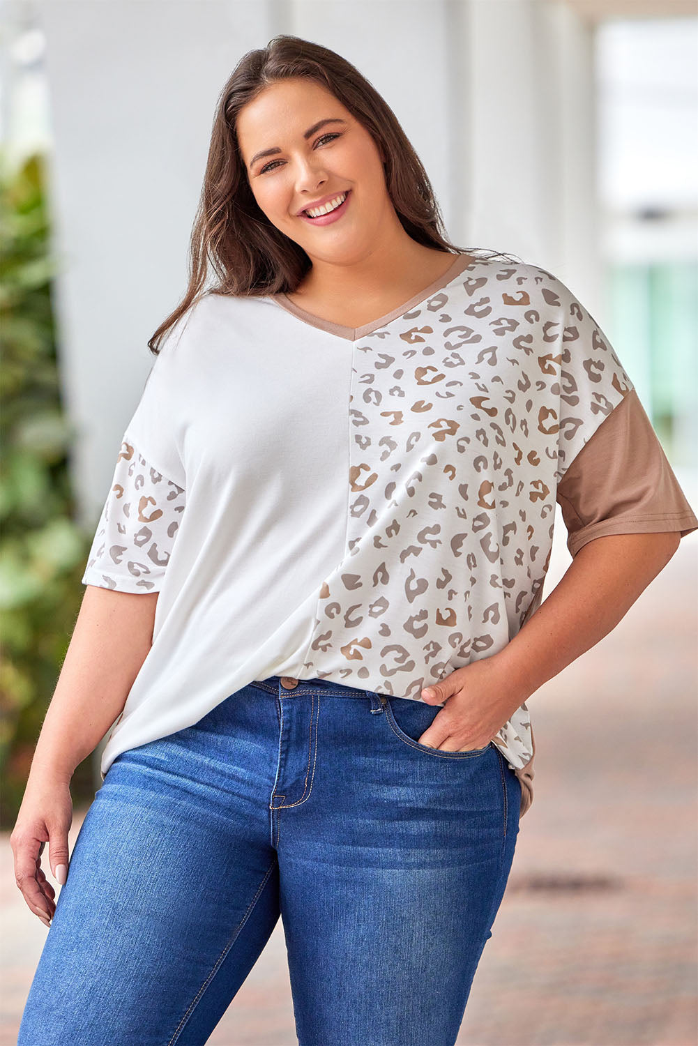 Leopard Patchwork Short Sleeve Plus Size Top