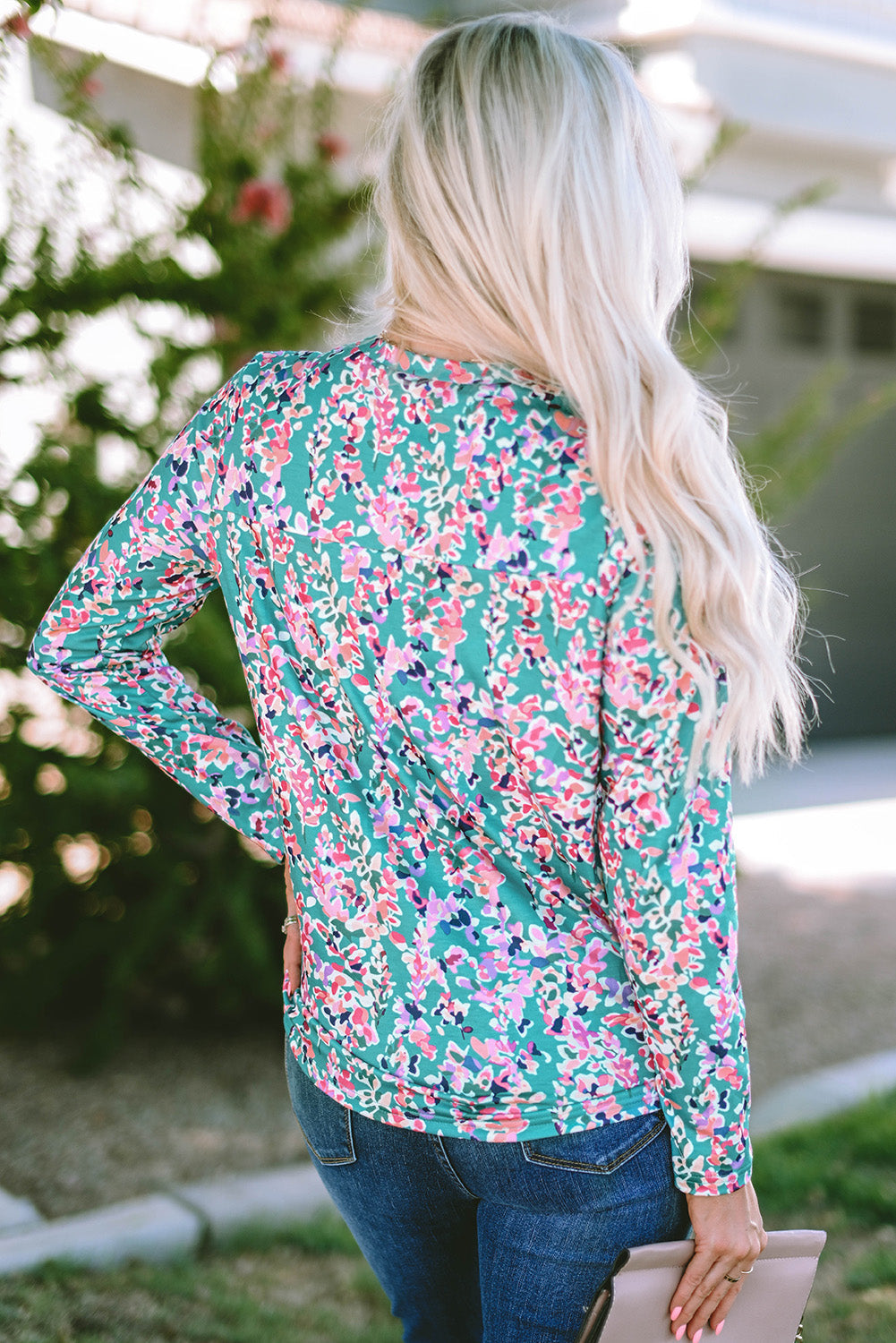 Multicolor Plus Size Floral Print Round Neck Long Sleeve Blouse