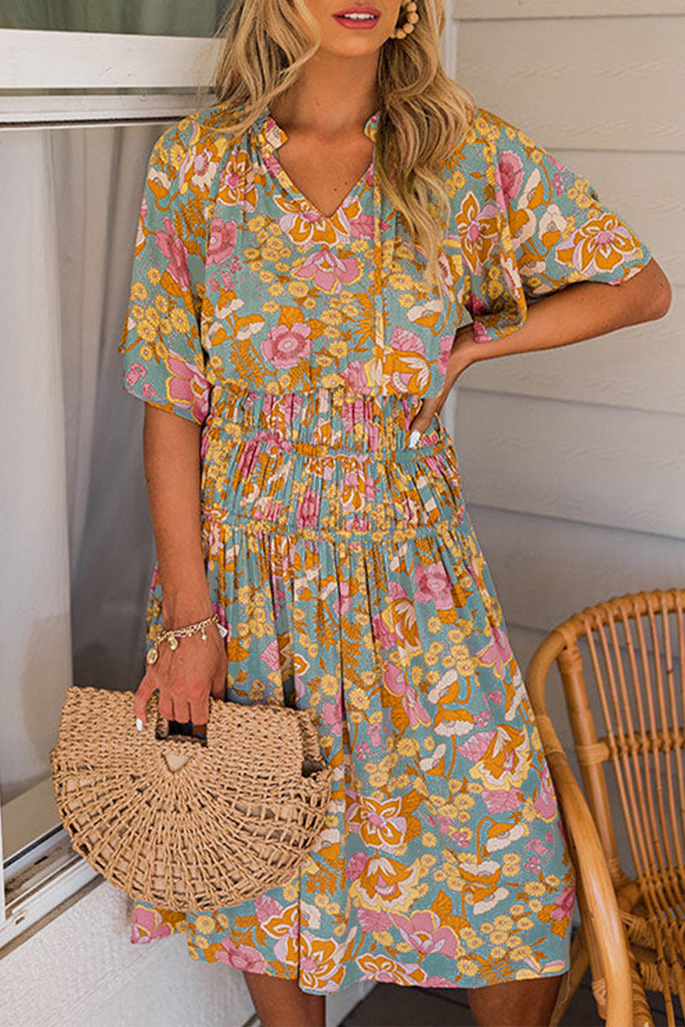 Blue Frilled Off Shoulder Floral Blouse