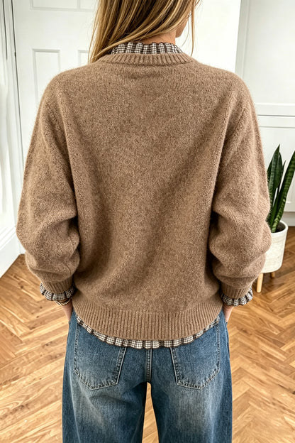 Vineyard Green Contrast Plaid Ruffle Trim Pullover Sweater