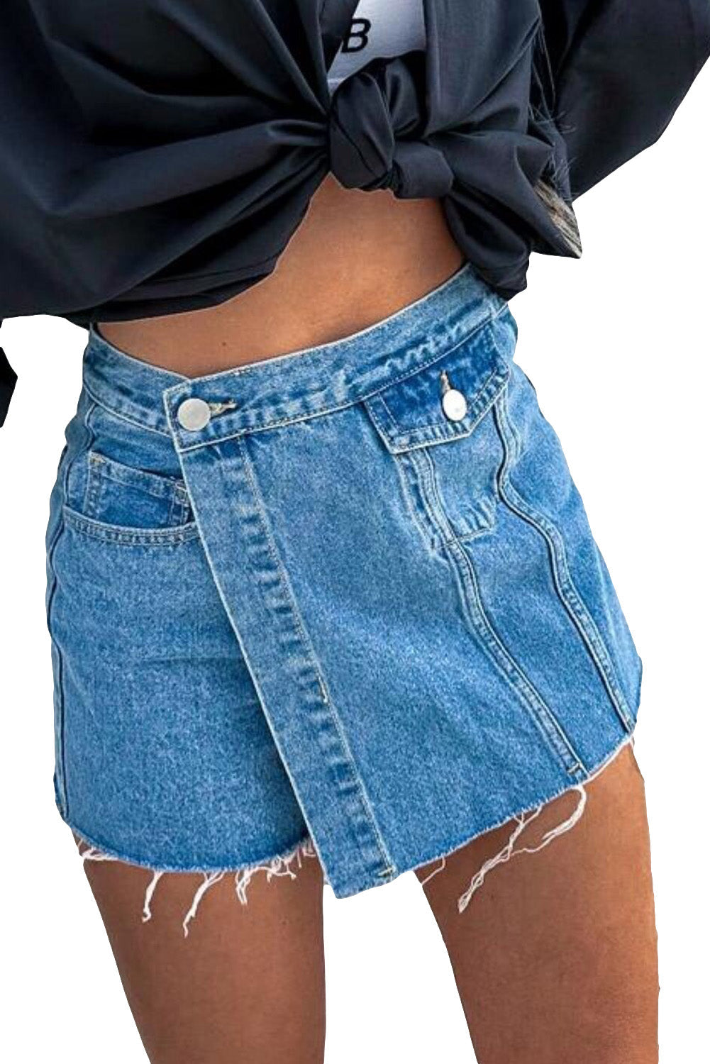 Button Wrap Over Raw Hem Denim Shorts